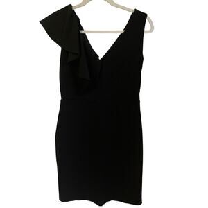 Lulus Little Black Dress Lined Sz S One Shoulder Ruffle V-Neck Flirty Mini